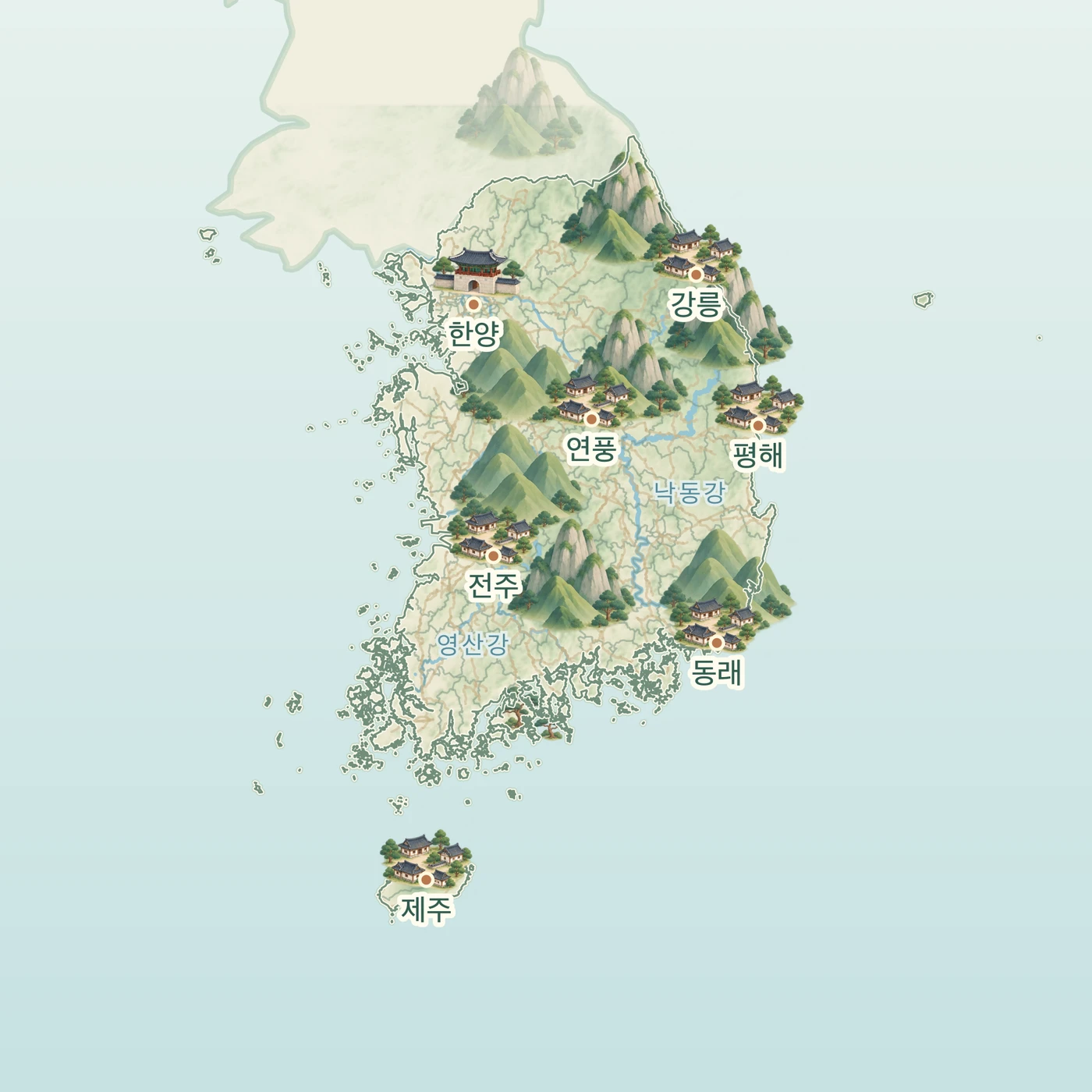 실제 지역 윤곽을 바탕으로 산과 역참을 그린 전국 옛길 지도